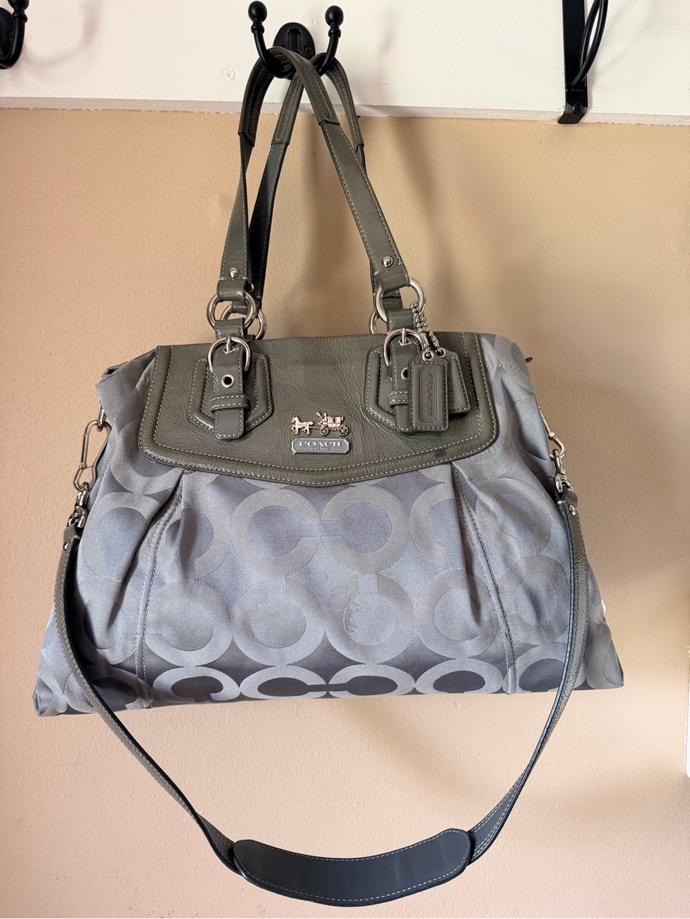 Coach Gray Signature Satchel with Leather Trim
